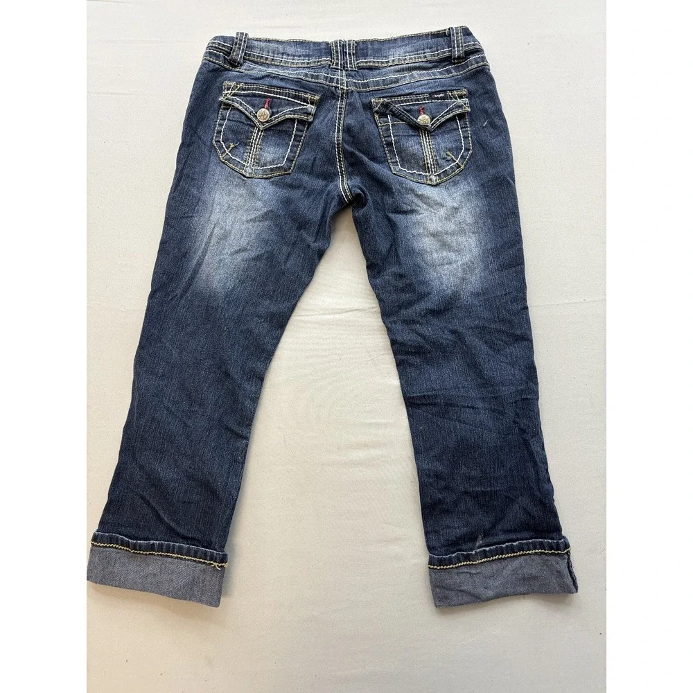 Angels Womens Size 11 Capri Jeans Denim Dark Wash Distressed Flap Pockets